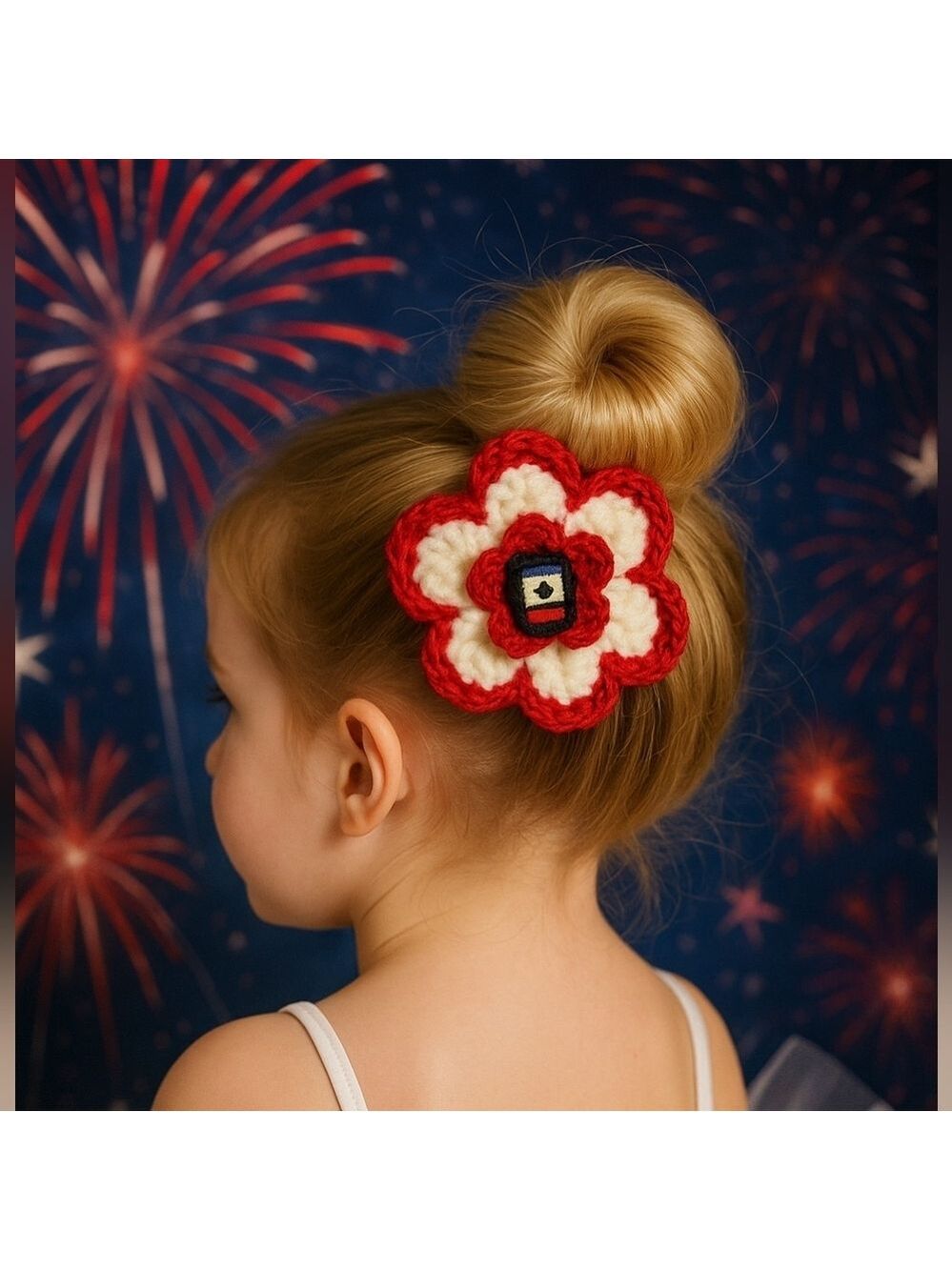 Hand Crafted Hair Accessory Patriotic Crochet Flower Brooch Alligator Clip 4"x4"